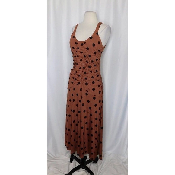 NWT!! ANTHROPOLOGIE Ruched Midi Dress Brown Black Polka Dots Party X-Small - Picture 6 of 14